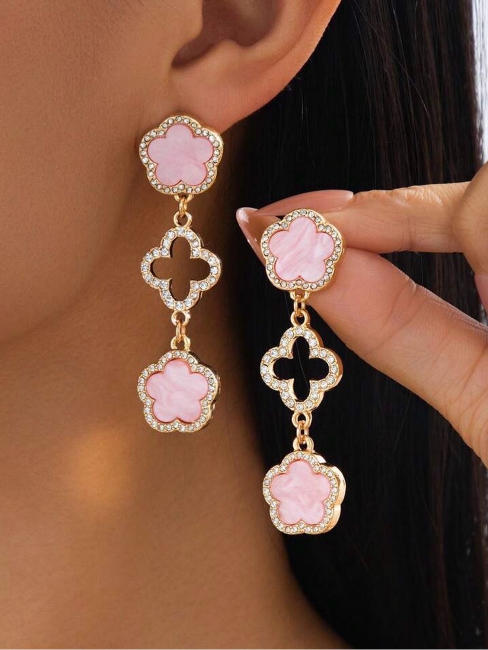 Pink Gold-Tone Floral Drop Earrings - Women Jewelry